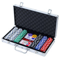 300-piece casino poker set with chips, playing cards, and dice in a lockable aluminum carrying case