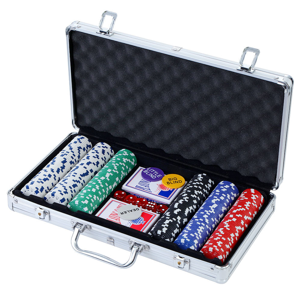 300-piece casino poker set with chips, playing cards, and dice in a lockable aluminum carrying case