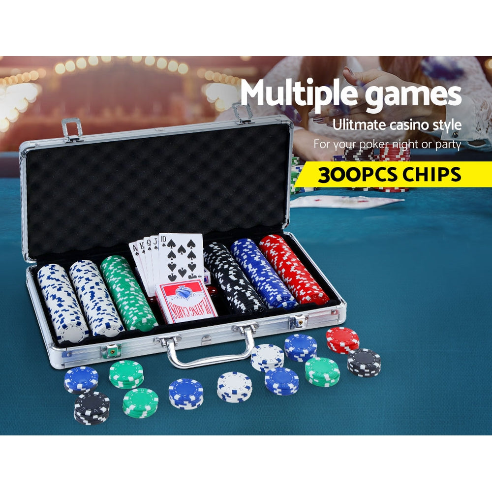300-piece casino poker set with chips, playing cards, and dice in a lockable aluminum carrying case — view 3
