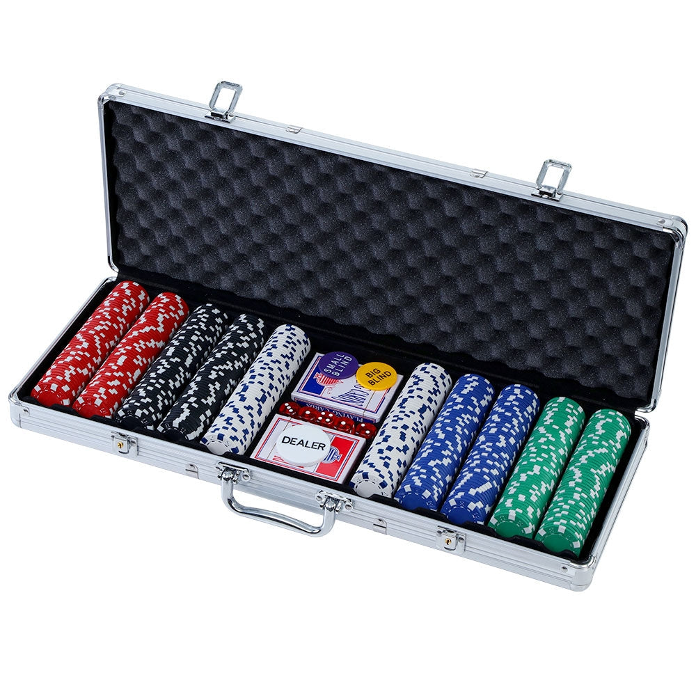 500-piece casino poker chip set with playing cards and dice in silver aluminum carrying case