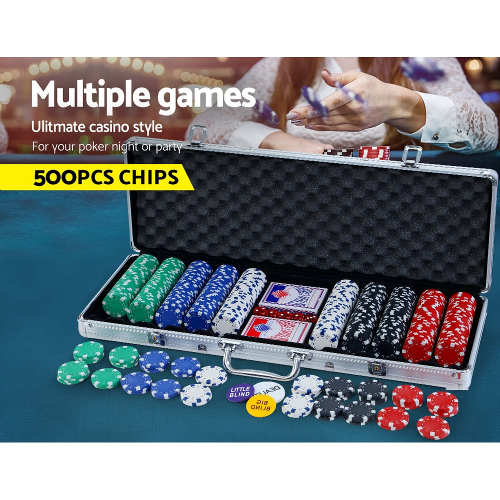 500-piece casino poker chip set with playing cards and dice in silver aluminum carrying case — view 3