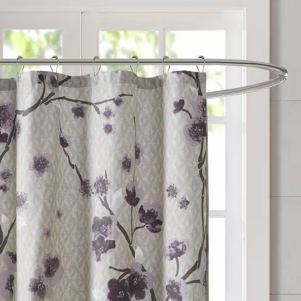 Purple and grey cherry blossom floral pattern cotton shower curtain hanging in a modern bathroom — view 2