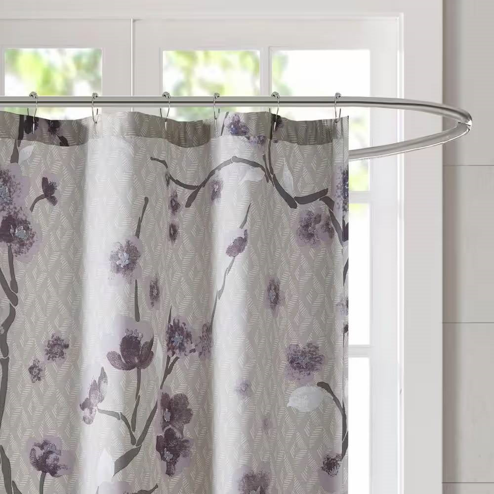 Purple and grey cherry blossom floral pattern cotton shower curtain hanging in a modern bathroom — view 3