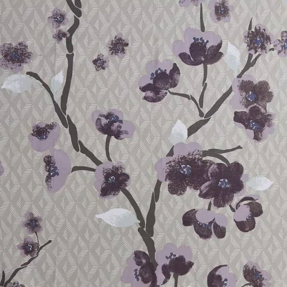 Purple and grey cherry blossom floral pattern cotton shower curtain hanging in a modern bathroom — view 4