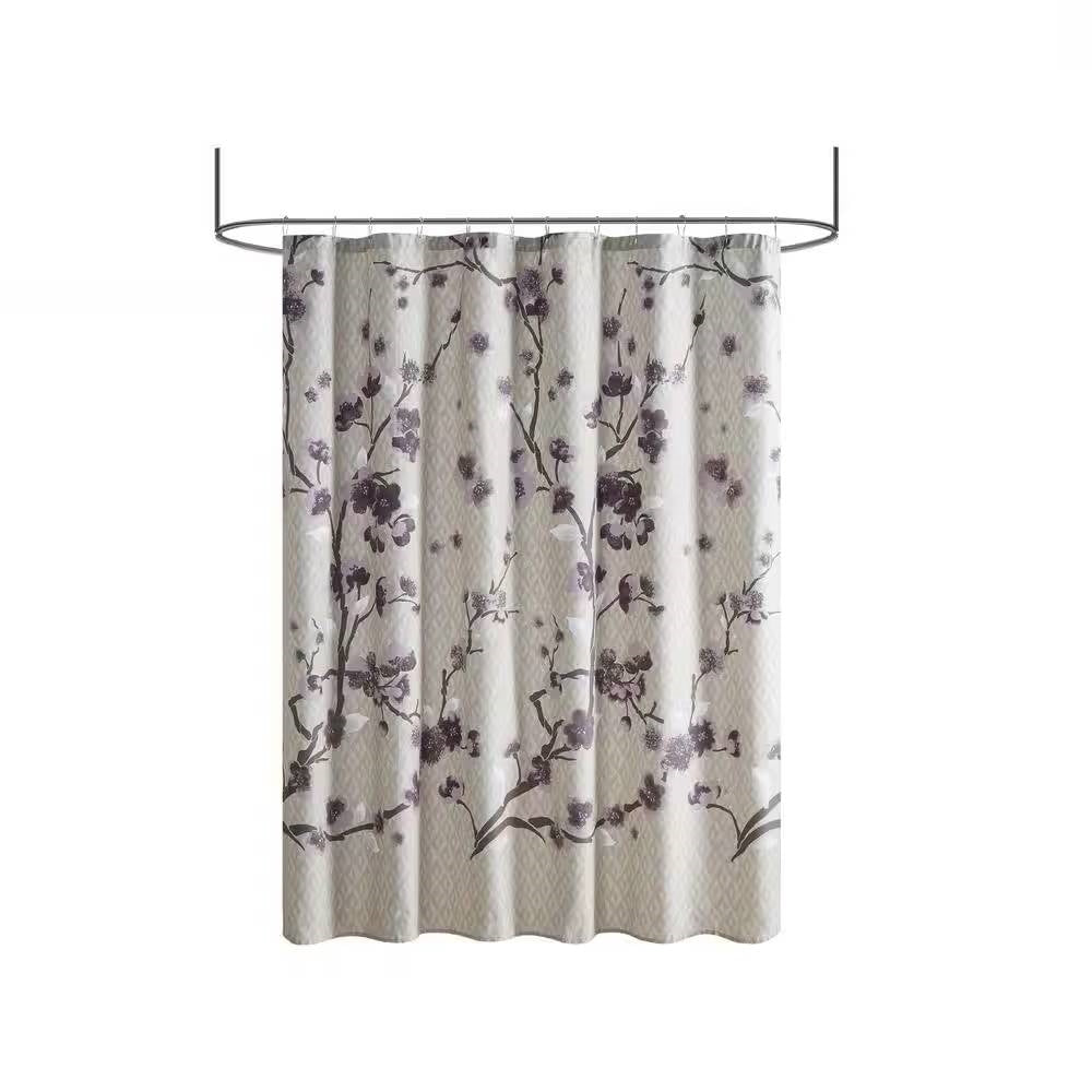 Purple and grey cherry blossom floral pattern cotton shower curtain hanging in a modern bathroom — view 5