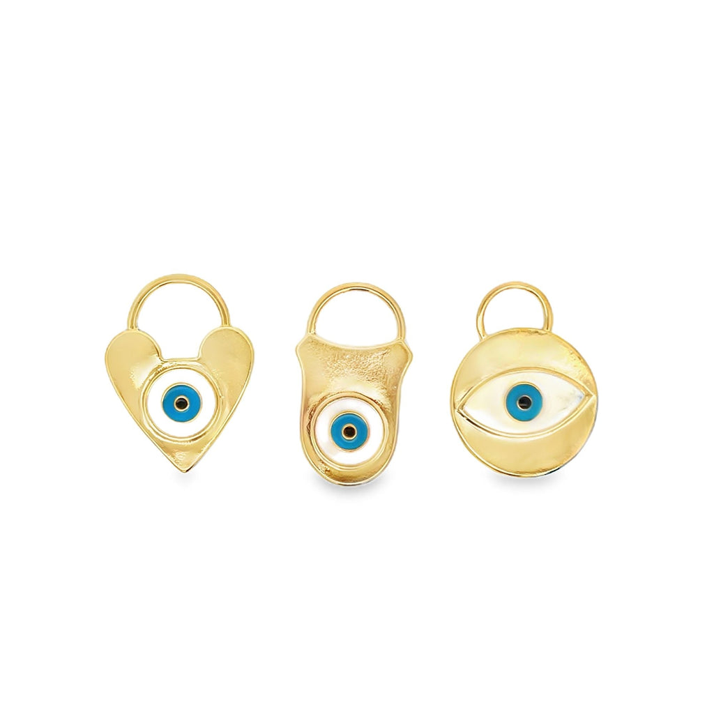 18K gold filled evil eye pendant charm in heart, circle, or bottle opener style