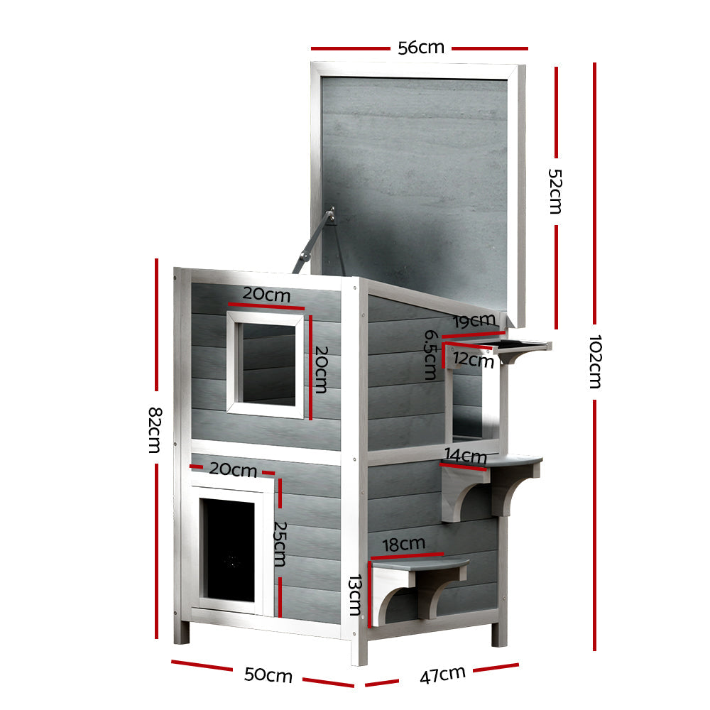 Grey and white two-tier wooden outdoor cat house with asphalt roof and viewing windows — view 2