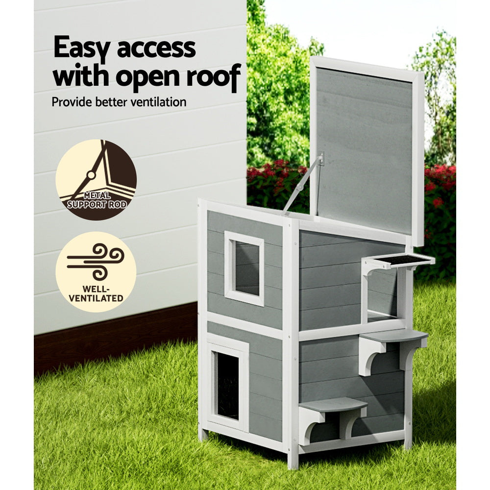 Grey and white two-tier wooden outdoor cat house with asphalt roof and viewing windows — view 5