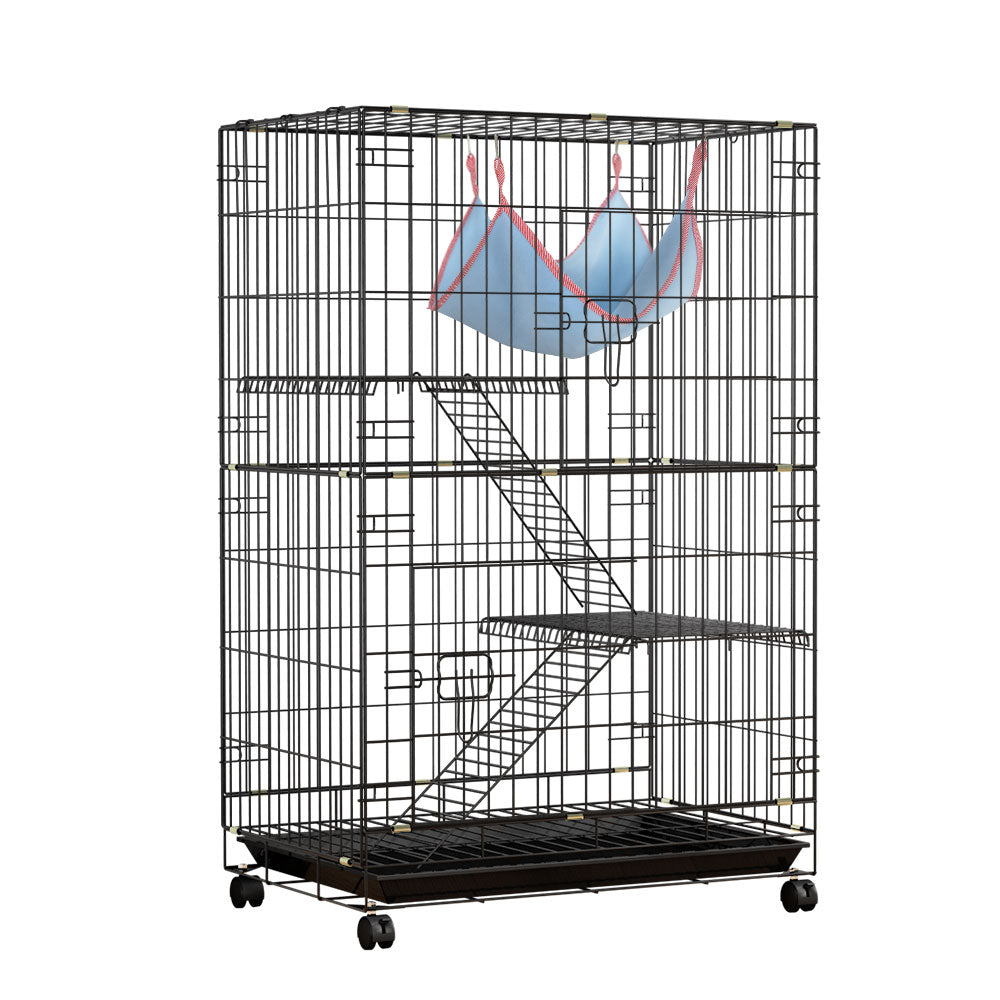 Black wrought iron three-level small animal cage with castor wheels, ladders, and resting hammock.