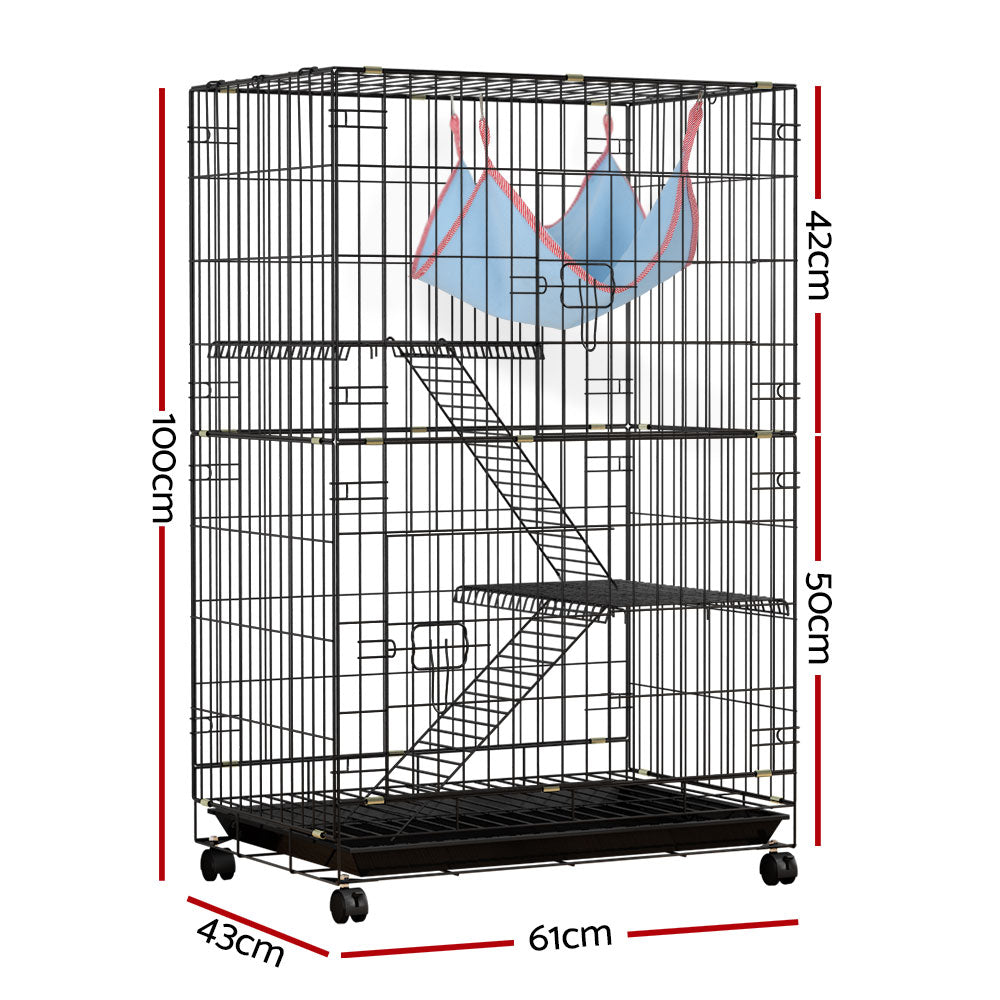 Black wrought iron three-level small animal cage with castor wheels, ladders, and resting hammock. — view 2