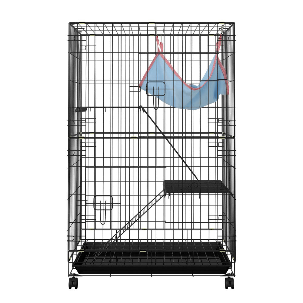 Black wrought iron three-level small animal cage with castor wheels, ladders, and resting hammock. — view 3