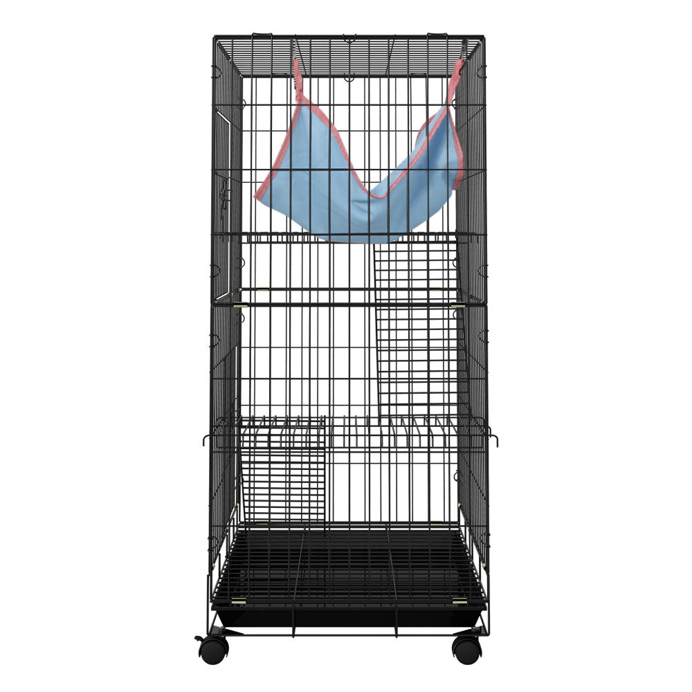 Black wrought iron three-level small animal cage with castor wheels, ladders, and resting hammock. — view 4