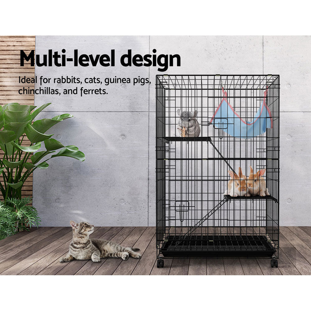 Black wrought iron three-level small animal cage with castor wheels, ladders, and resting hammock. — view 5