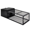 Black metal rabbit hutch and small animal cage with enclosed shelter and slide out tray