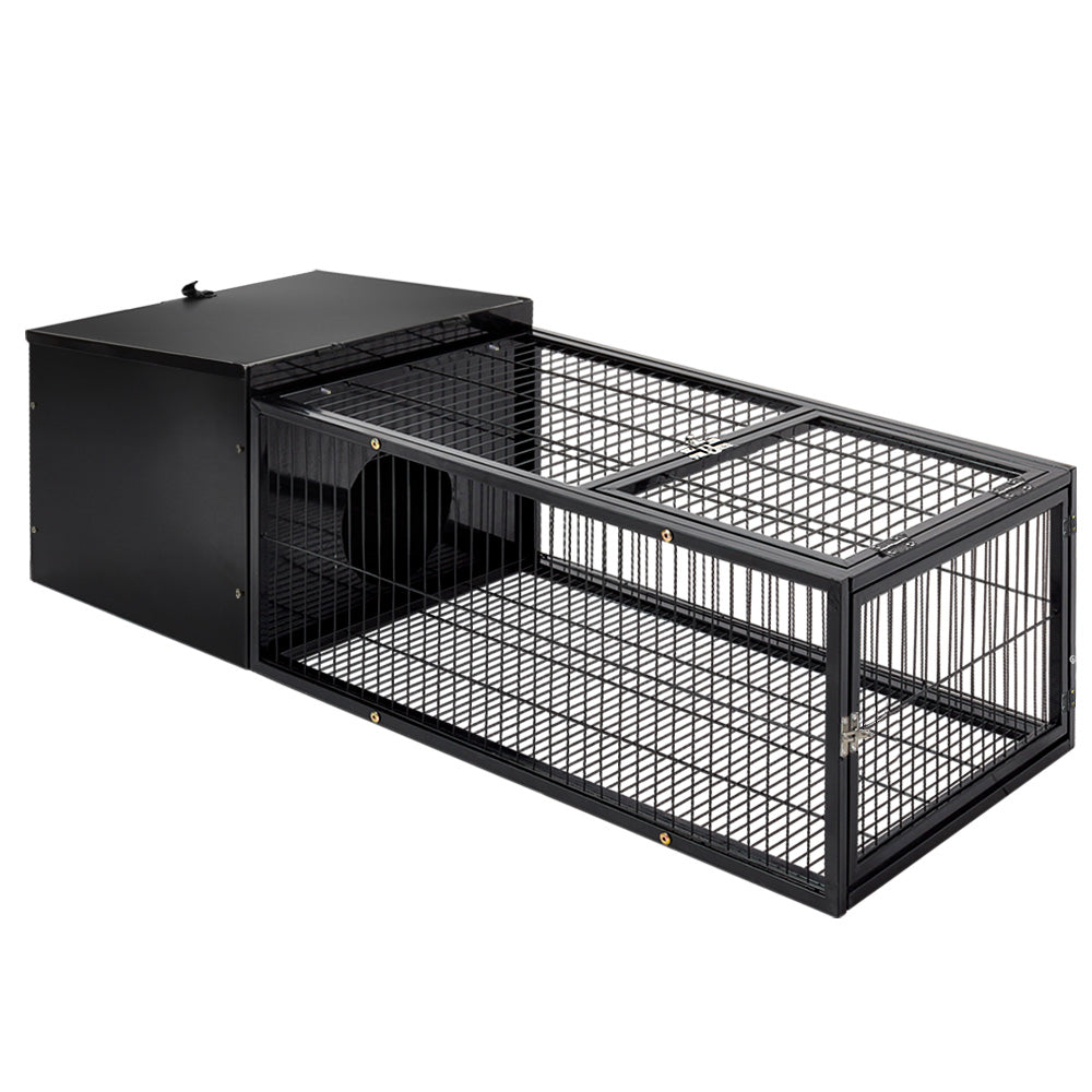 Black metal rabbit hutch and small animal cage with enclosed shelter and slide out tray