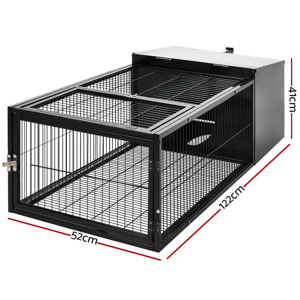 Black metal rabbit hutch and small animal cage with enclosed shelter and slide out tray — view 2