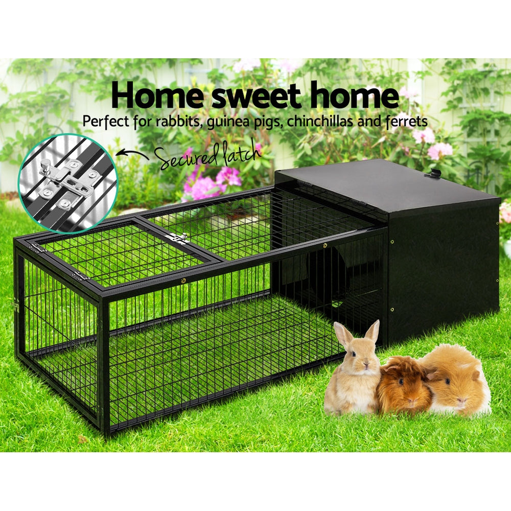 Black metal rabbit hutch and small animal cage with enclosed shelter and slide out tray — view 3