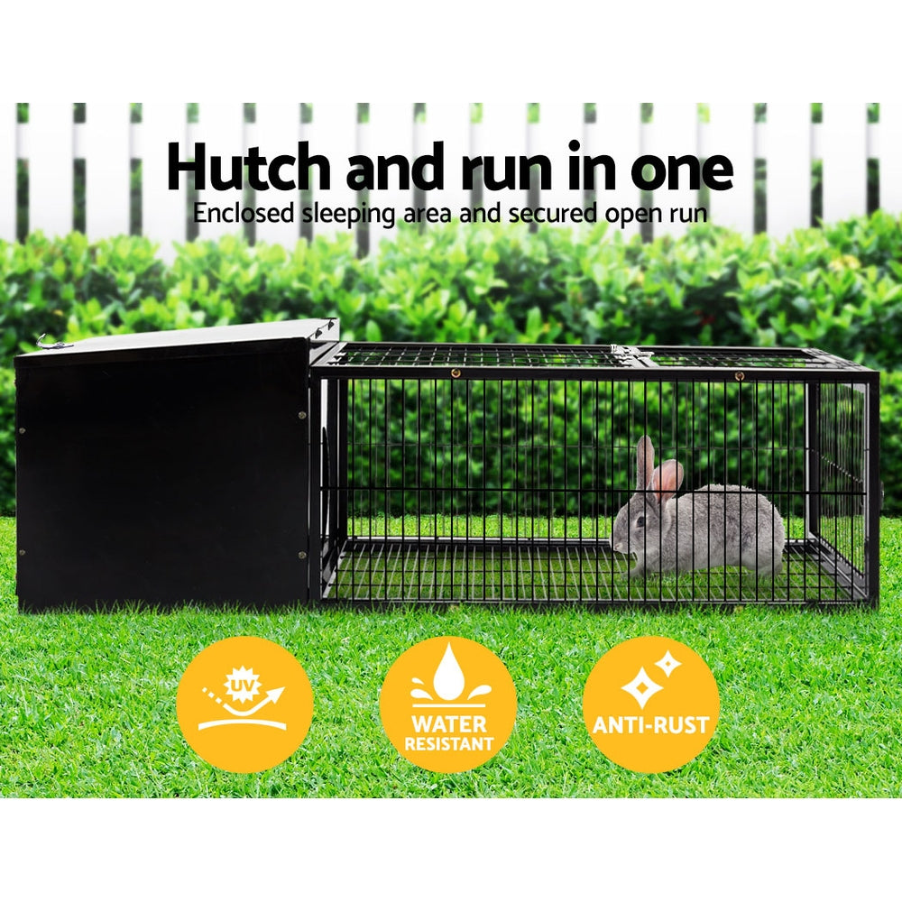 Black metal rabbit hutch and small animal cage with enclosed shelter and slide out tray — view 4