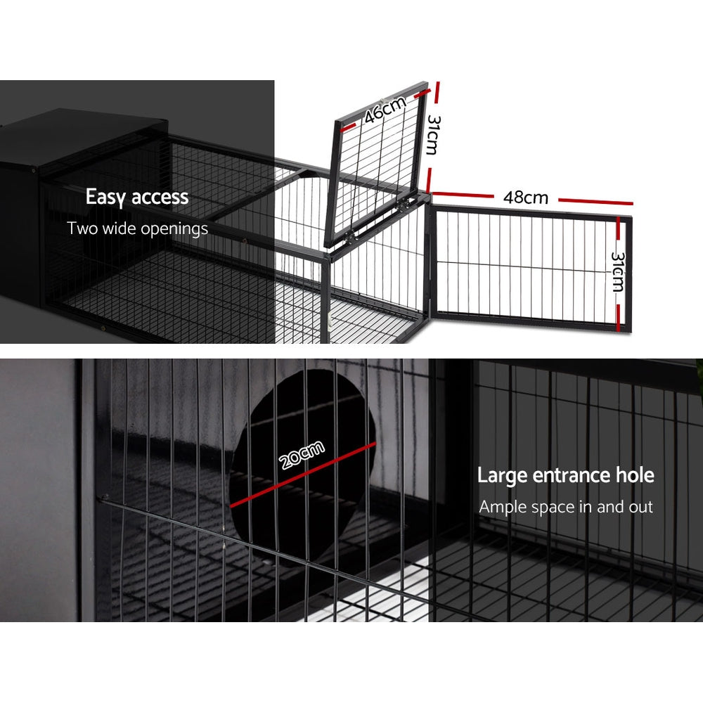 Black metal rabbit hutch and small animal cage with enclosed shelter and slide out tray — view 5