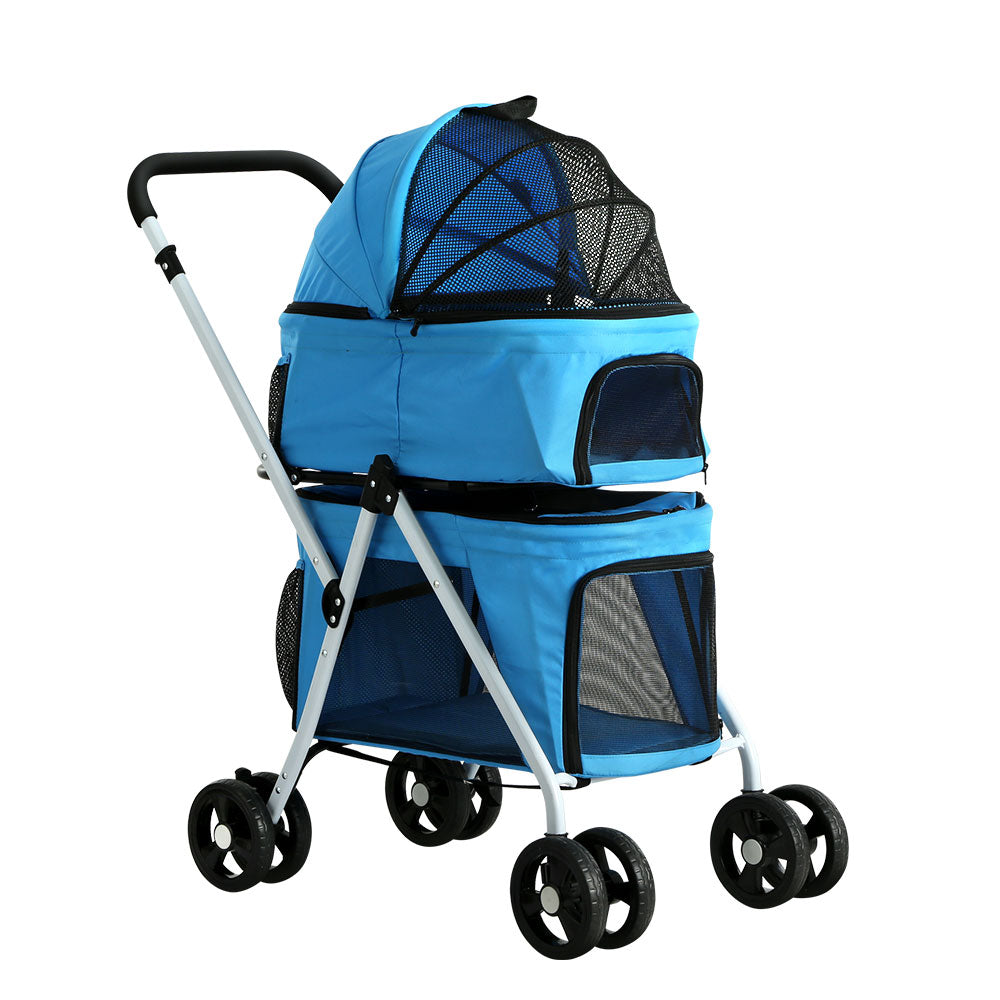 Two-tier double pet stroller in blue with steel frame breathable mesh windows and durable wheels