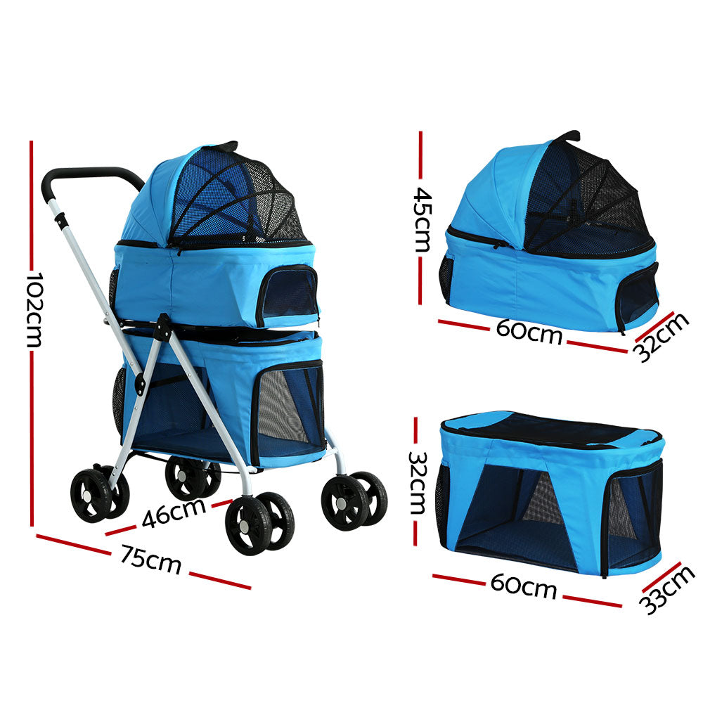 Two-tier double pet stroller in blue with steel frame breathable mesh windows and durable wheels — view 2