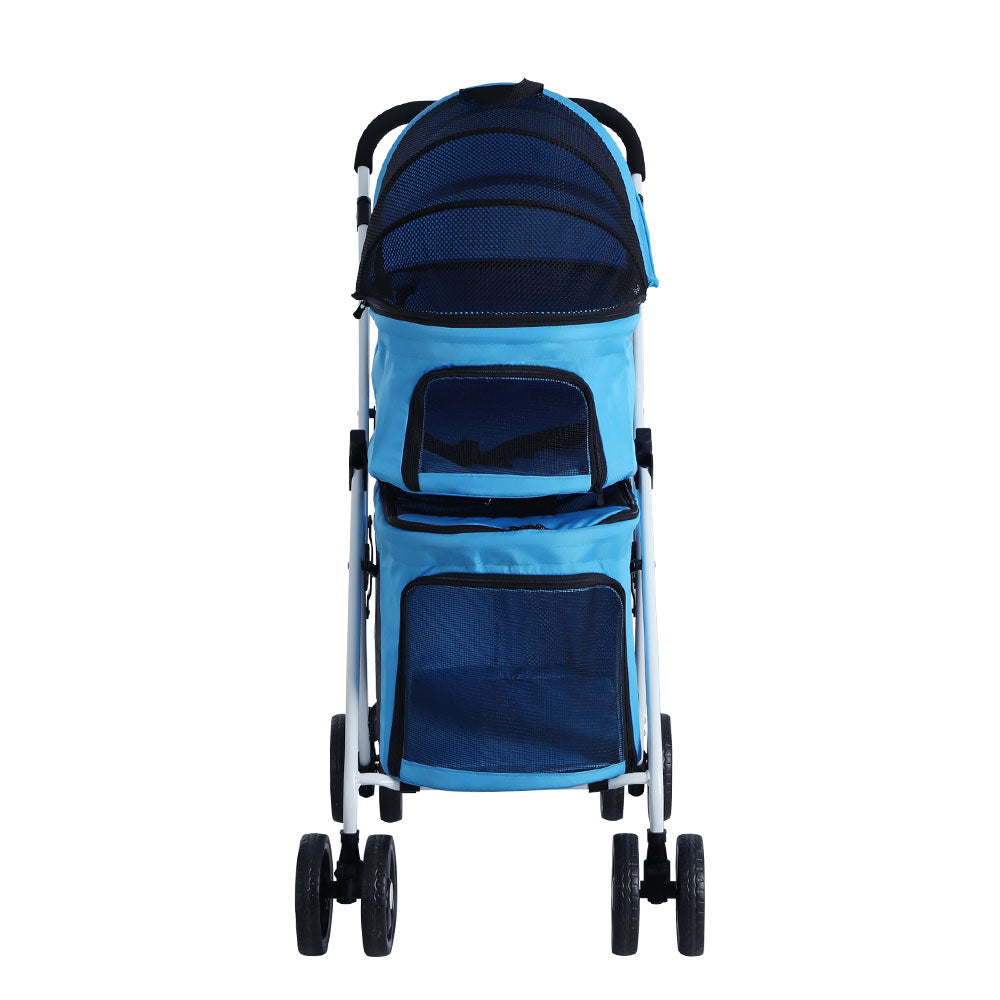 Two-tier double pet stroller in blue with steel frame breathable mesh windows and durable wheels — view 3
