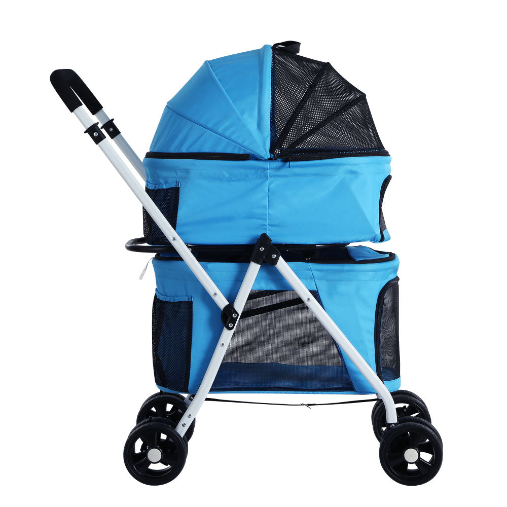 Two-tier double pet stroller in blue with steel frame breathable mesh windows and durable wheels — view 4