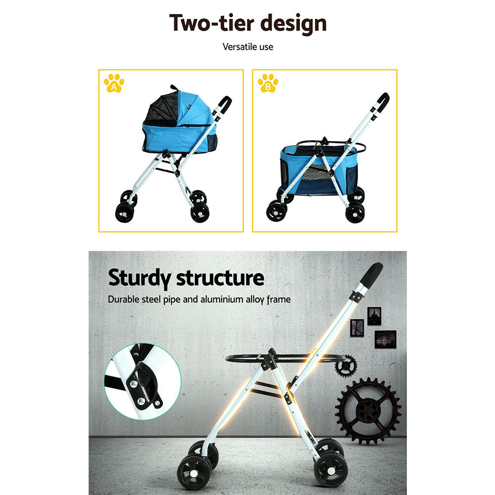 Two-tier double pet stroller in blue with steel frame breathable mesh windows and durable wheels — view 5