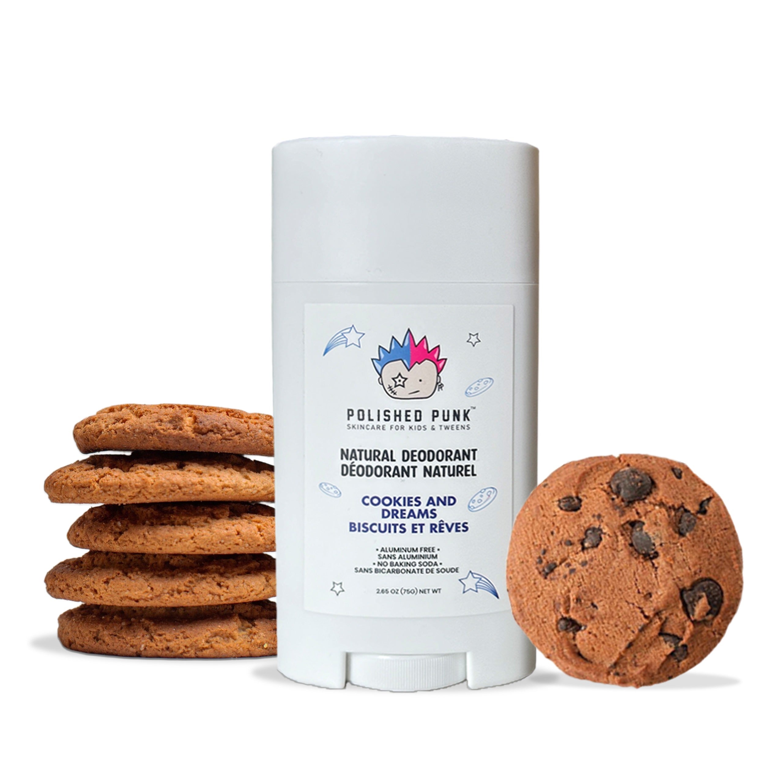 Natural deodorant stick for kids and tweens in cookies and dreams scent by Polished Punk