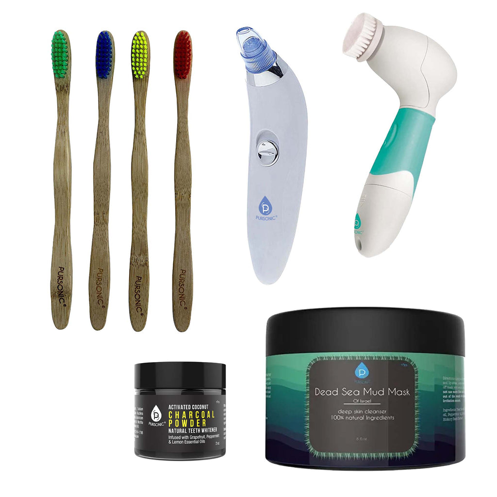 Pursonic daily detox personal care kit featuring pore vacuum bamboo toothbrushes facial brush and mud mask