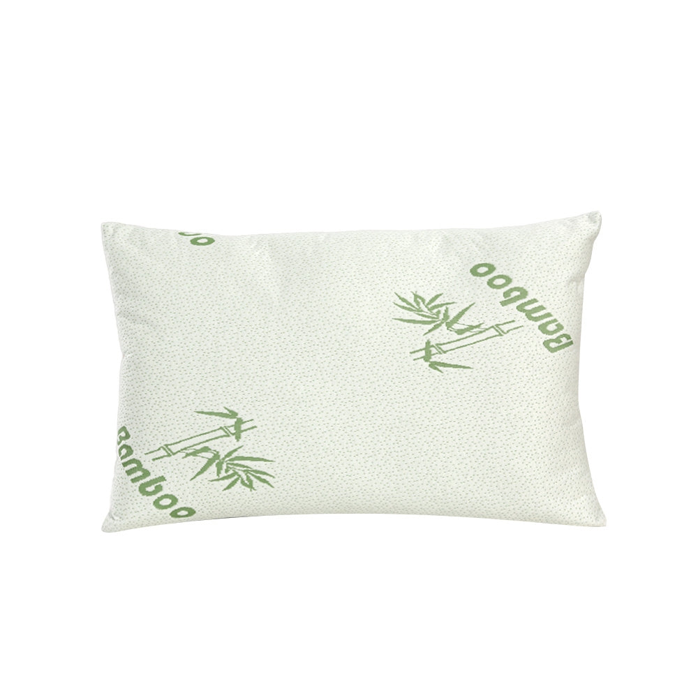 Four white bamboo fabric pillows stacked together with two firm and two medium support variations — view 3