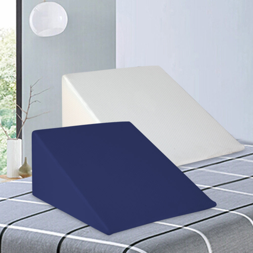 Cooling memory foam bed wedge pillow in white and blue with a zippered waterproof cover