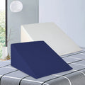 Cooling memory foam bed wedge pillow in white and blue with a zippered waterproof cover