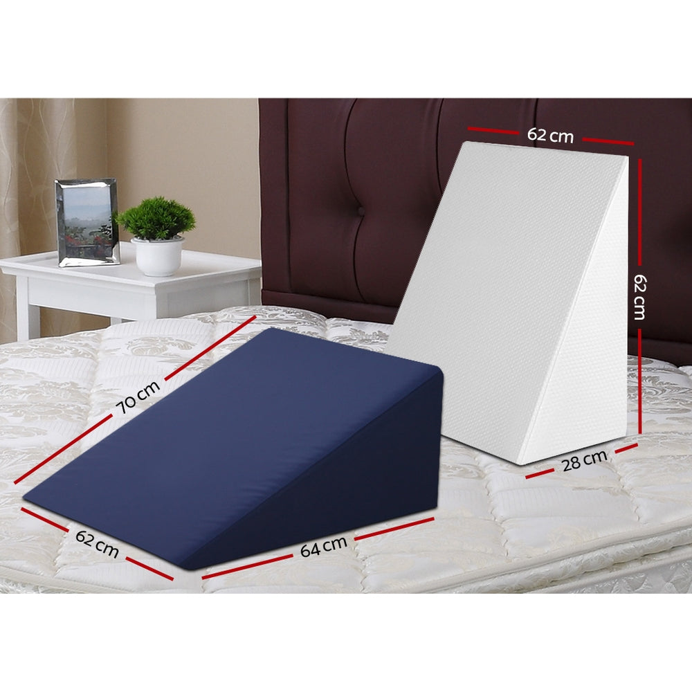 Cooling memory foam bed wedge pillow in white and blue with a zippered waterproof cover — view 2