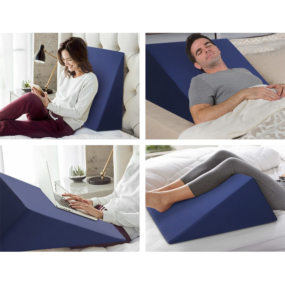 Cooling memory foam bed wedge pillow in white and blue with a zippered waterproof cover — view 3