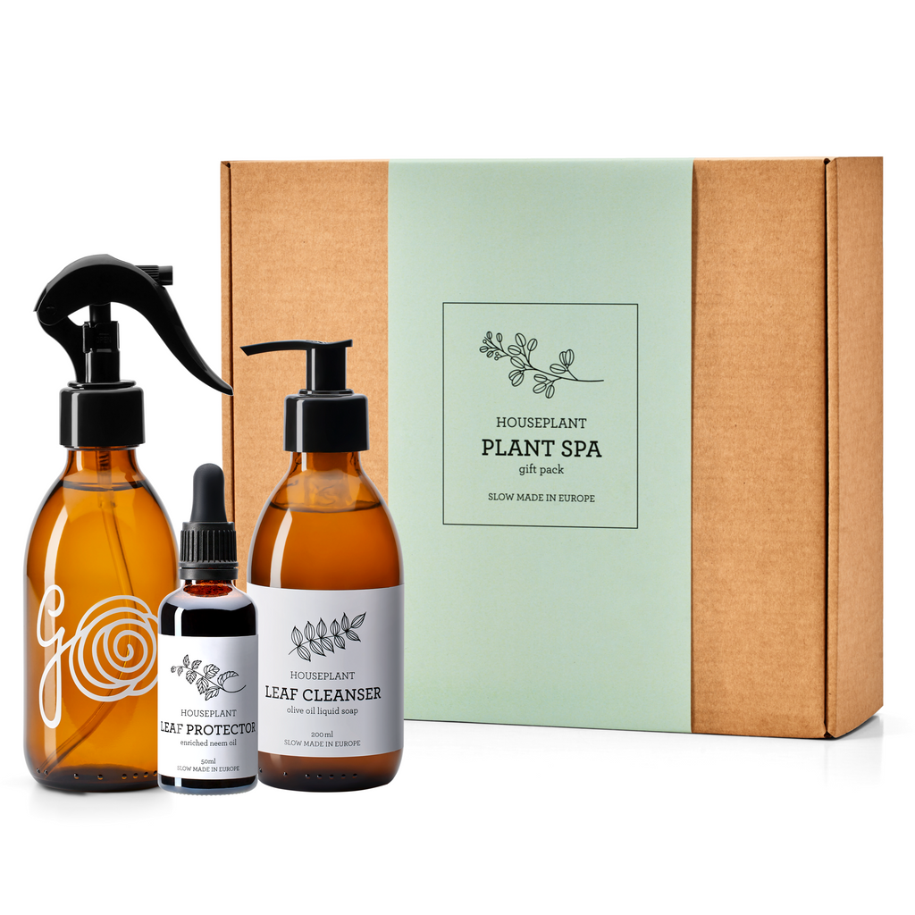 Plant spa gift set featuring neem oil protector and leaf cleanser soap in eco-friendly bottles