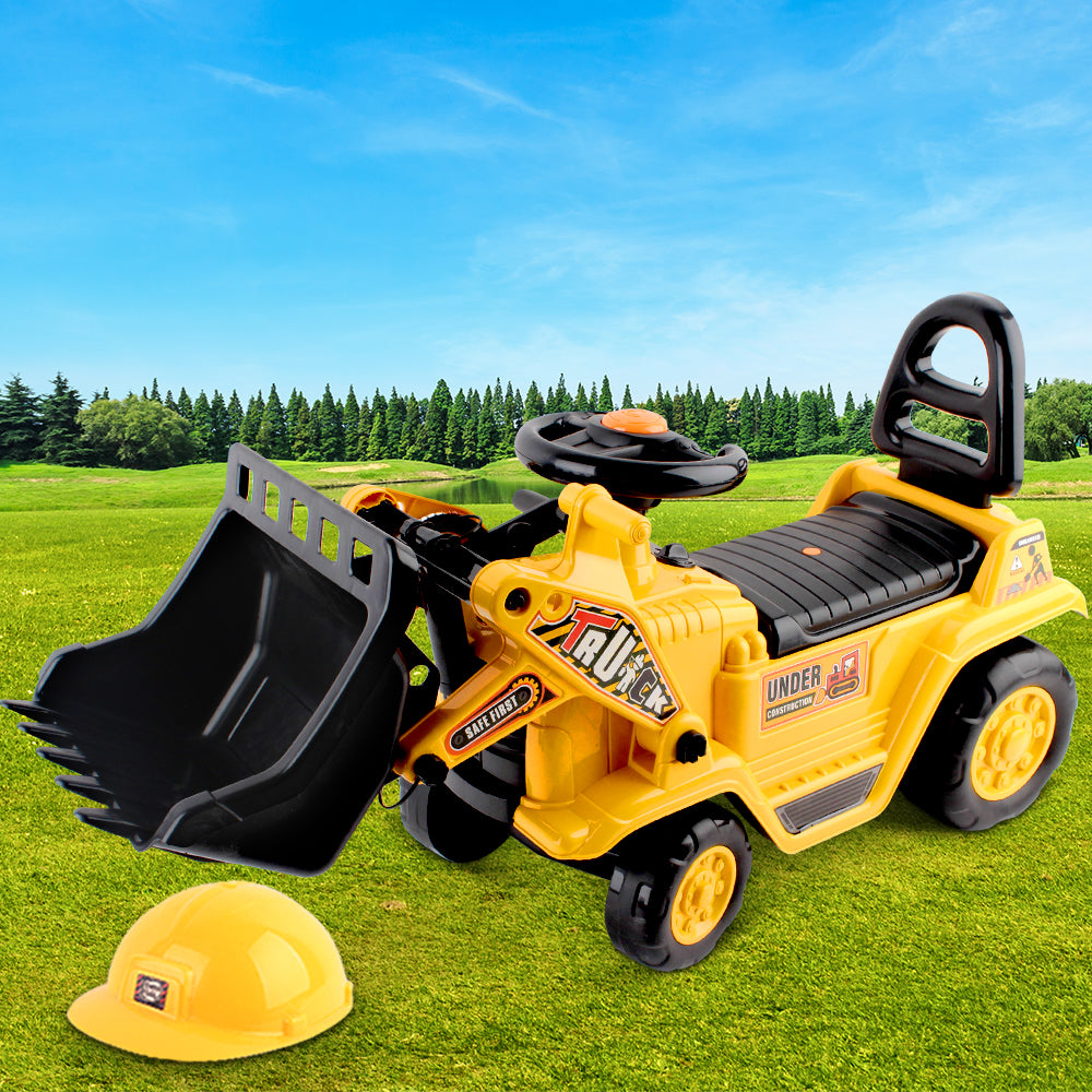 Yellow kids ride-on excavator bulldozer toy with bucket lever, under-seat storage, and matching safety helmet