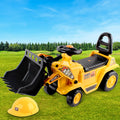 Yellow kids ride-on excavator bulldozer toy with bucket lever, under-seat storage, and matching safety helmet