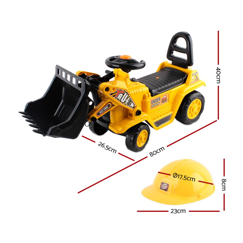 Yellow kids ride-on excavator bulldozer toy with bucket lever, under-seat storage, and matching safety helmet — view 2
