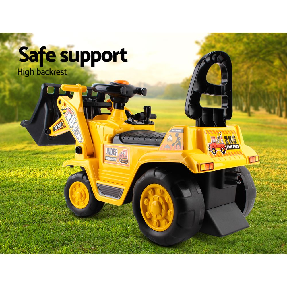 Yellow kids ride-on excavator bulldozer toy with bucket lever, under-seat storage, and matching safety helmet — view 4