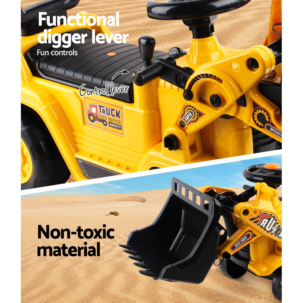 Yellow kids ride-on excavator bulldozer toy with bucket lever, under-seat storage, and matching safety helmet — view 5