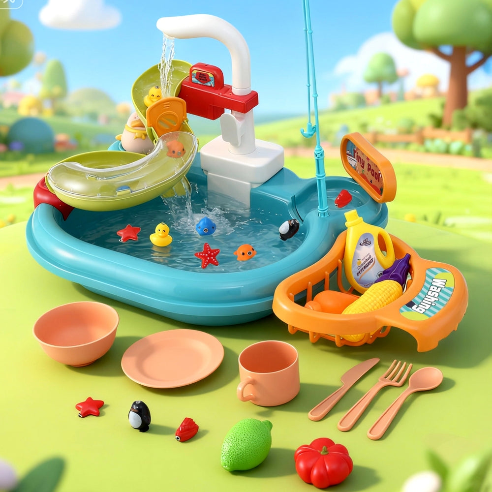 Keezi multicolour pretend play kitchen sink and floating fishing toy set with accessories