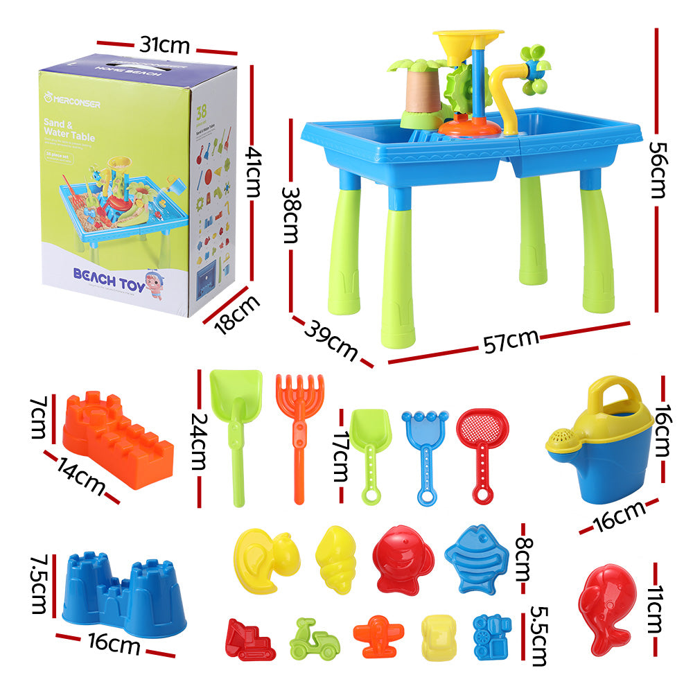 Multicolor kids sand and water play table with rotating windmill, water slide, and toy shovels. — view 2