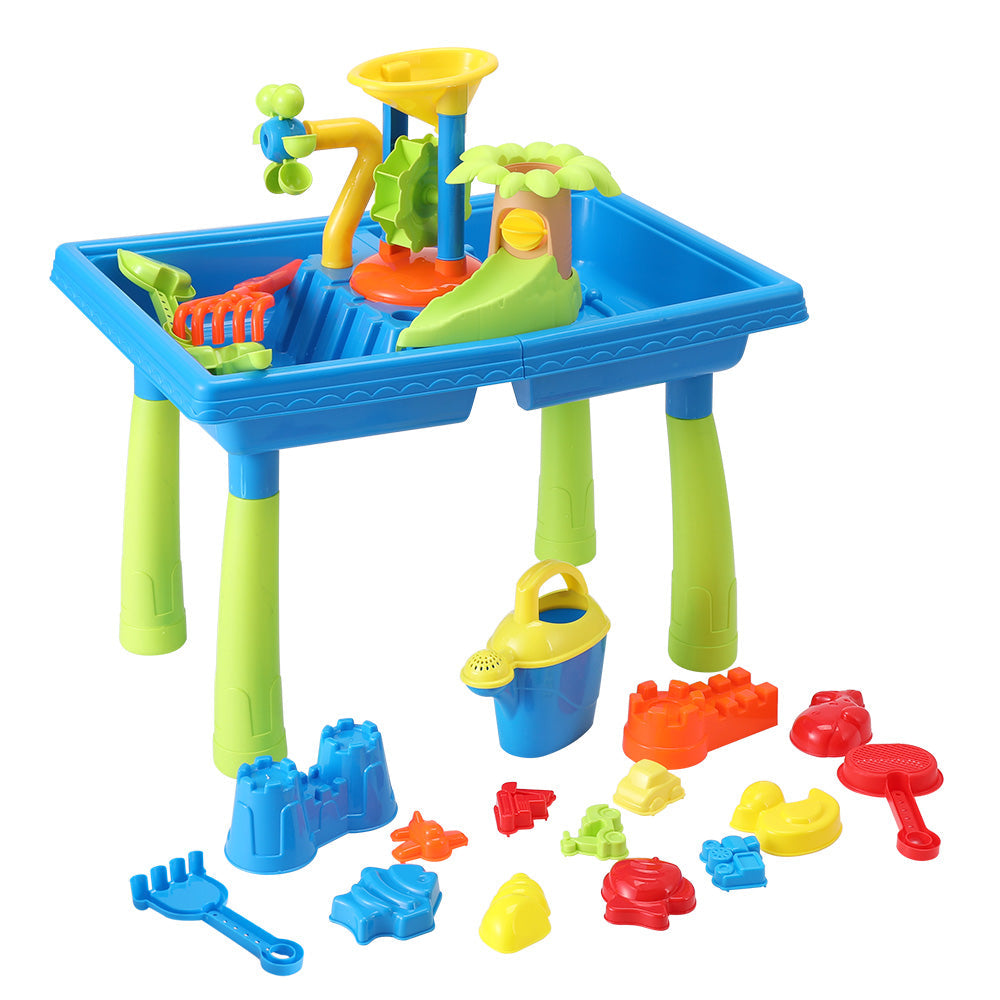 Multicolor kids sand and water play table with rotating windmill, water slide, and toy shovels. — view 3