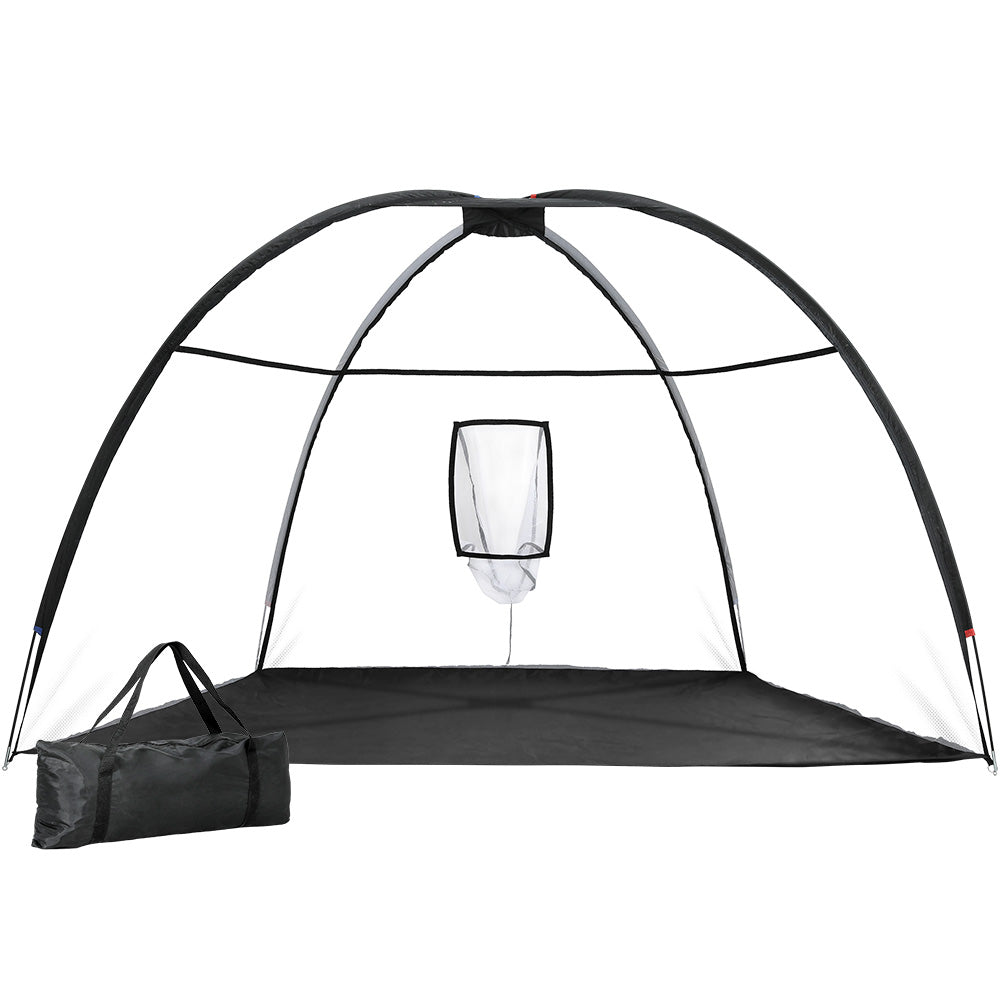Black 3.5m portable golf practice net with bullseye target pocket and robust fibreglass tent frame