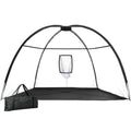 Black 3.5m portable golf practice net with bullseye target pocket and robust fibreglass tent frame