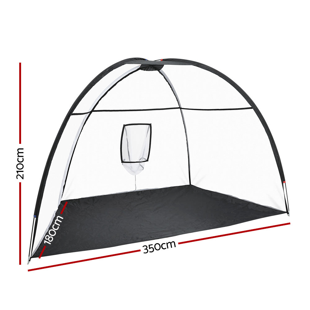 Black 3.5m portable golf practice net with bullseye target pocket and robust fibreglass tent frame — view 2