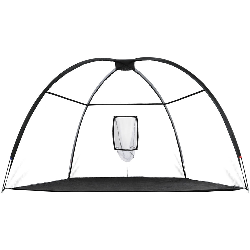 Black 3.5m portable golf practice net with bullseye target pocket and robust fibreglass tent frame — view 3