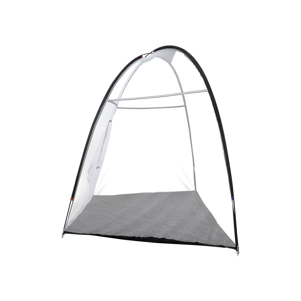 Black 3.5m portable golf practice net with bullseye target pocket and robust fibreglass tent frame — view 4