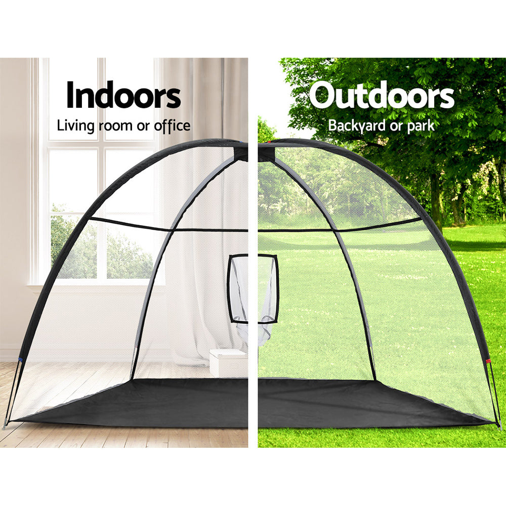 Black 3.5m portable golf practice net with bullseye target pocket and robust fibreglass tent frame — view 5
